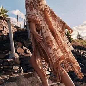 Nightbird Peach Velvet Kimono Semi Sheer, Burn out, Roses, Flowers, Frin…